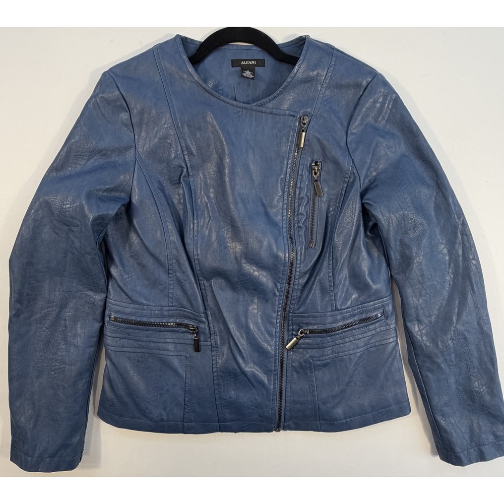 Alfani Moto Jacket Women Small Blue Excellent Asymmetrical Zip Faux Leather